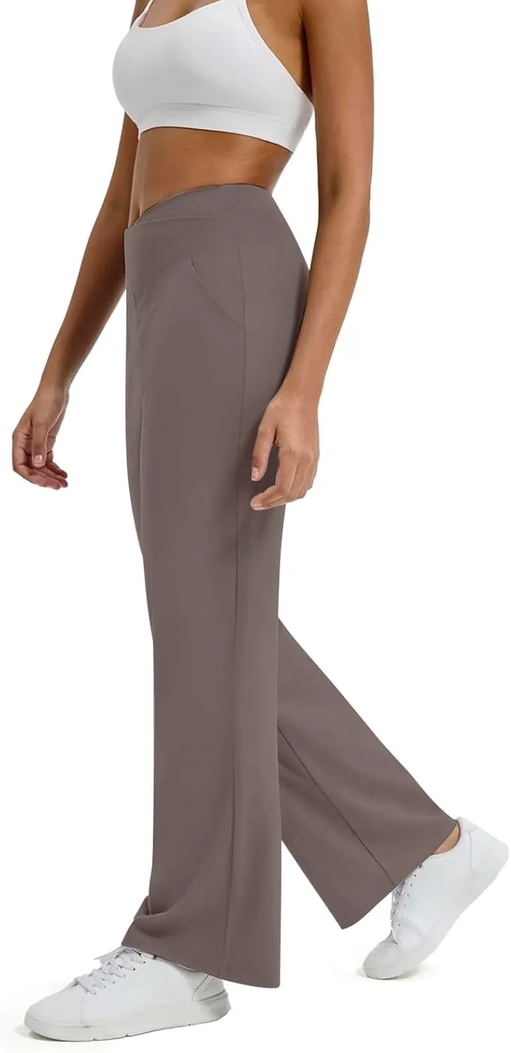 Women Wide Leg Yoga Pants Crossover Yoga Pants with Pockets Tummy Control Flare Leggings Lounge Athletic Pants
