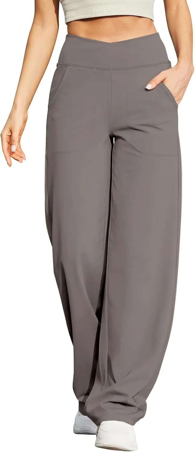 Women Wide Leg Yoga Pants Crossover Yoga Pants with Pockets Tummy Control Flare Leggings Lounge Athletic Pants