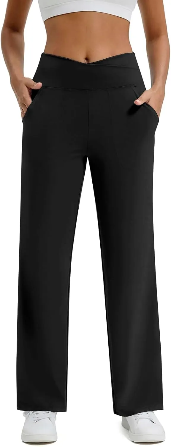 Women Wide Leg Yoga Pants Crossover Yoga Pants with Pockets Tummy Control Flare Leggings Lounge Athletic Pants