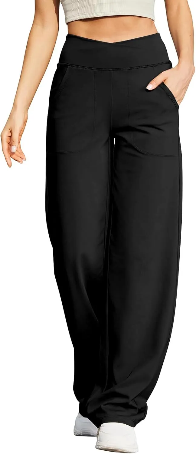 Women Wide Leg Yoga Pants Crossover Yoga Pants with Pockets Tummy Control Flare Leggings Lounge Athletic Pants