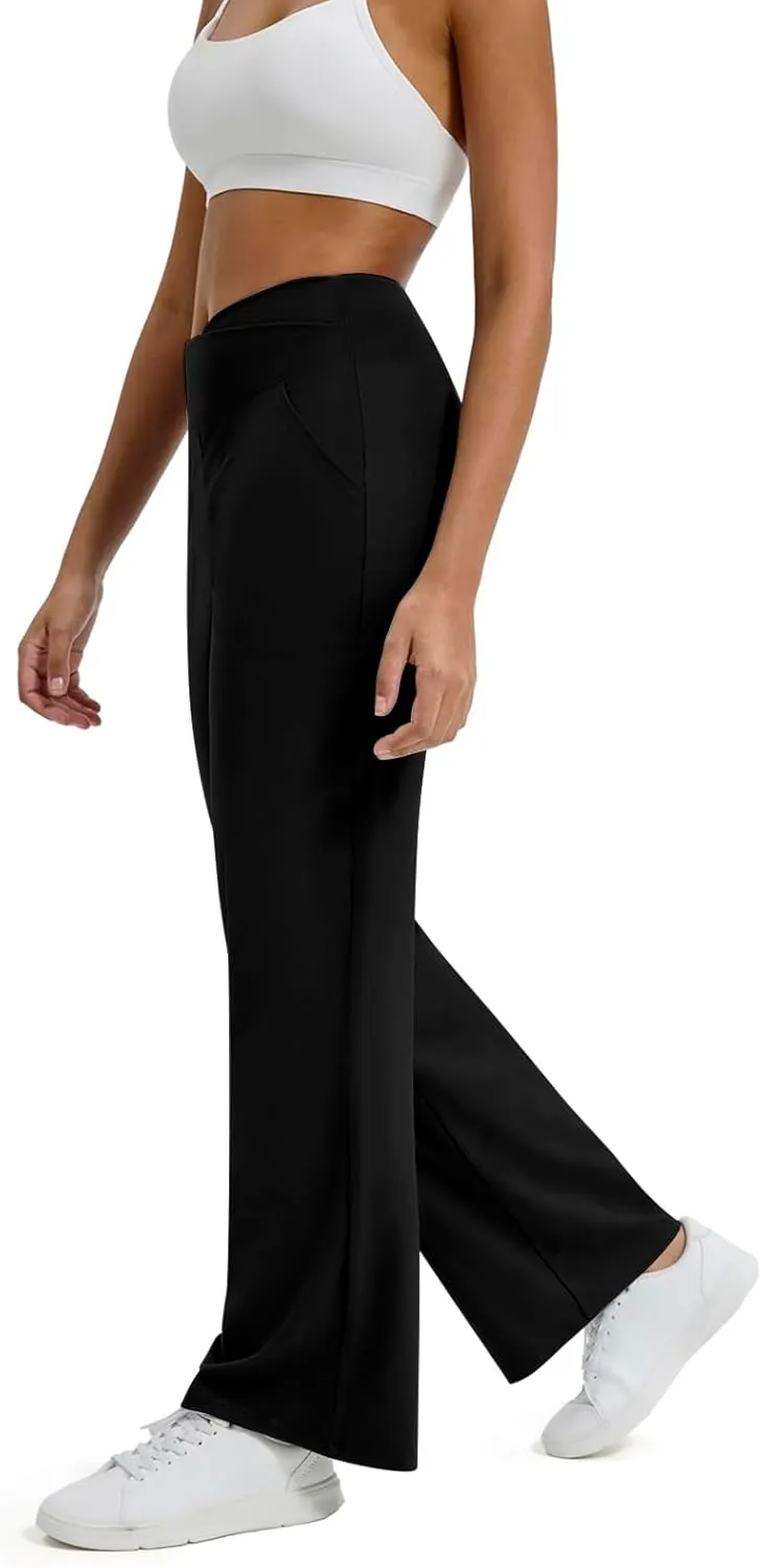 Women Wide Leg Yoga Pants Crossover Yoga Pants with Pockets Tummy Control Flare Leggings Lounge Athletic Pants
