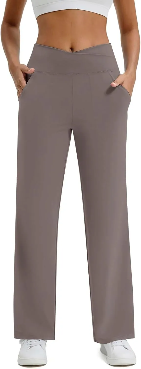 Women Wide Leg Yoga Pants Crossover Yoga Pants with Pockets Tummy Control Flare Leggings Lounge Athletic Pants