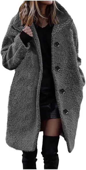 Women Winter Fuzzy Fleece Lapel Coats Long Cardigan Fluffy Jackets Faux Fur Warm Overcoats with Pockets Button 2024
