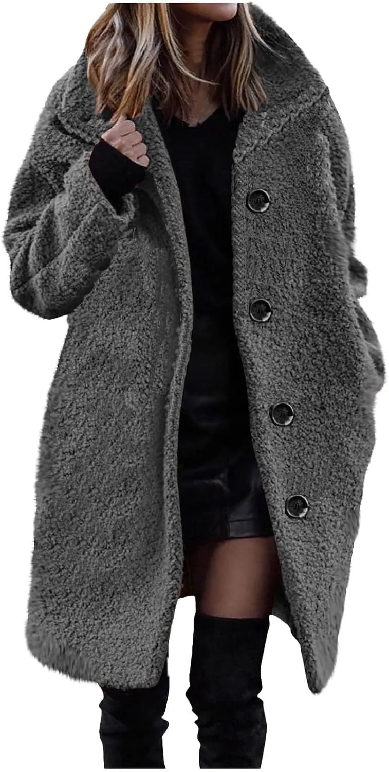 Women Winter Fuzzy Fleece Lapel Coats Long Cardigan Fluffy Jackets Faux Fur Warm Overcoats with Pockets Button 2024