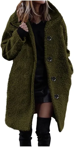 Women Winter Fuzzy Fleece Lapel Coats Long Cardigan Fluffy Jackets Faux Fur Warm Overcoats with Pockets Button 2024