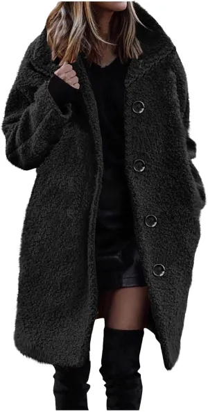 Women Winter Fuzzy Fleece Lapel Coats Long Cardigan Fluffy Jackets Faux Fur Warm Overcoats with Pockets Button 2024