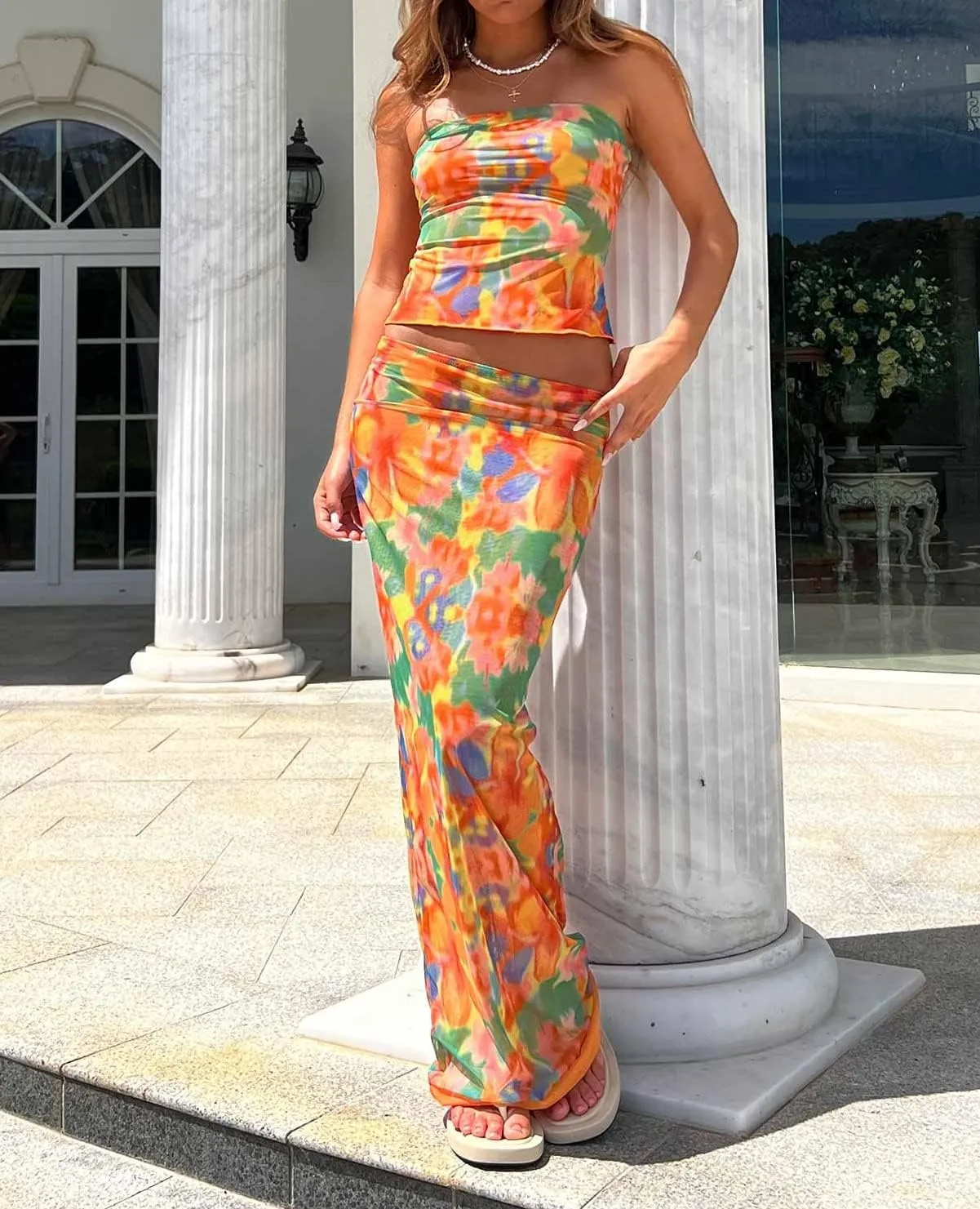 Women Y2K 2 Piece Long Skirt Set V Neck Halter Crop Top Off Shoulder Slim Fit Tube Top Split Maxi Skirts Outfit