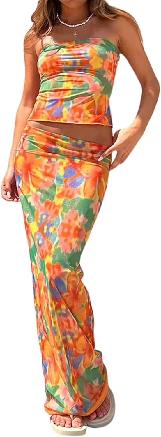 Women Y2K 2 Piece Long Skirt Set V Neck Halter Crop Top Off Shoulder Slim Fit Tube Top Split Maxi Skirts Outfit