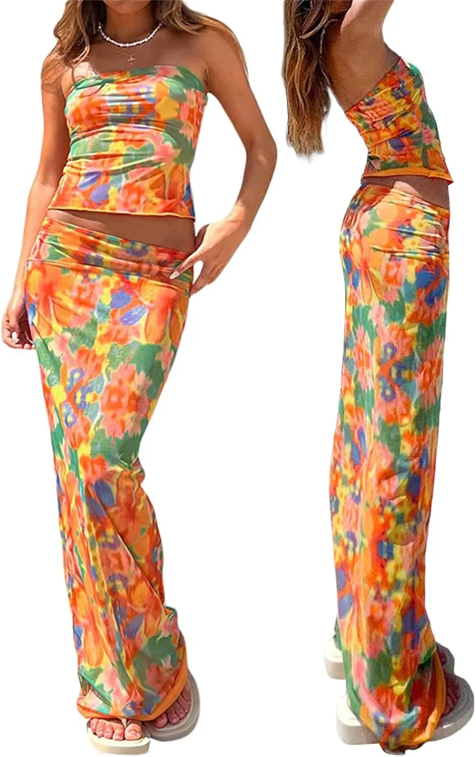 Women Y2K 2 Piece Long Skirt Set V Neck Halter Crop Top Off Shoulder Slim Fit Tube Top Split Maxi Skirts Outfit