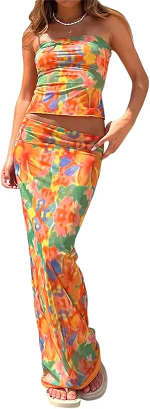 Women Y2K 2 Piece Long Skirt Set V Neck Halter Crop Top Off Shoulder Slim Fit Tube Top Split Maxi Skirts Outfit
