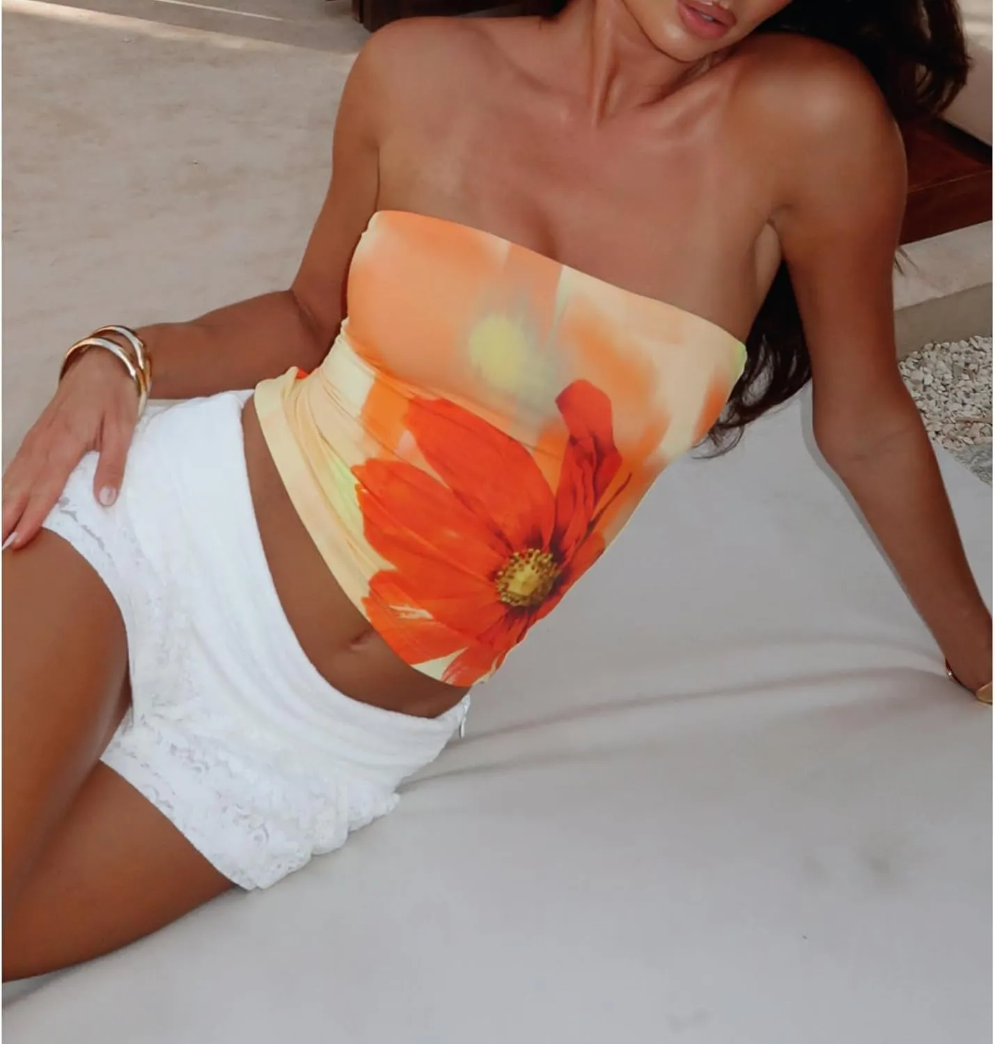Women Y2K Floral Tube Tops Backless Strapless Bandeau Graphic Print Tank Sexy Aesthetic Teen Girl Going Out Shirt