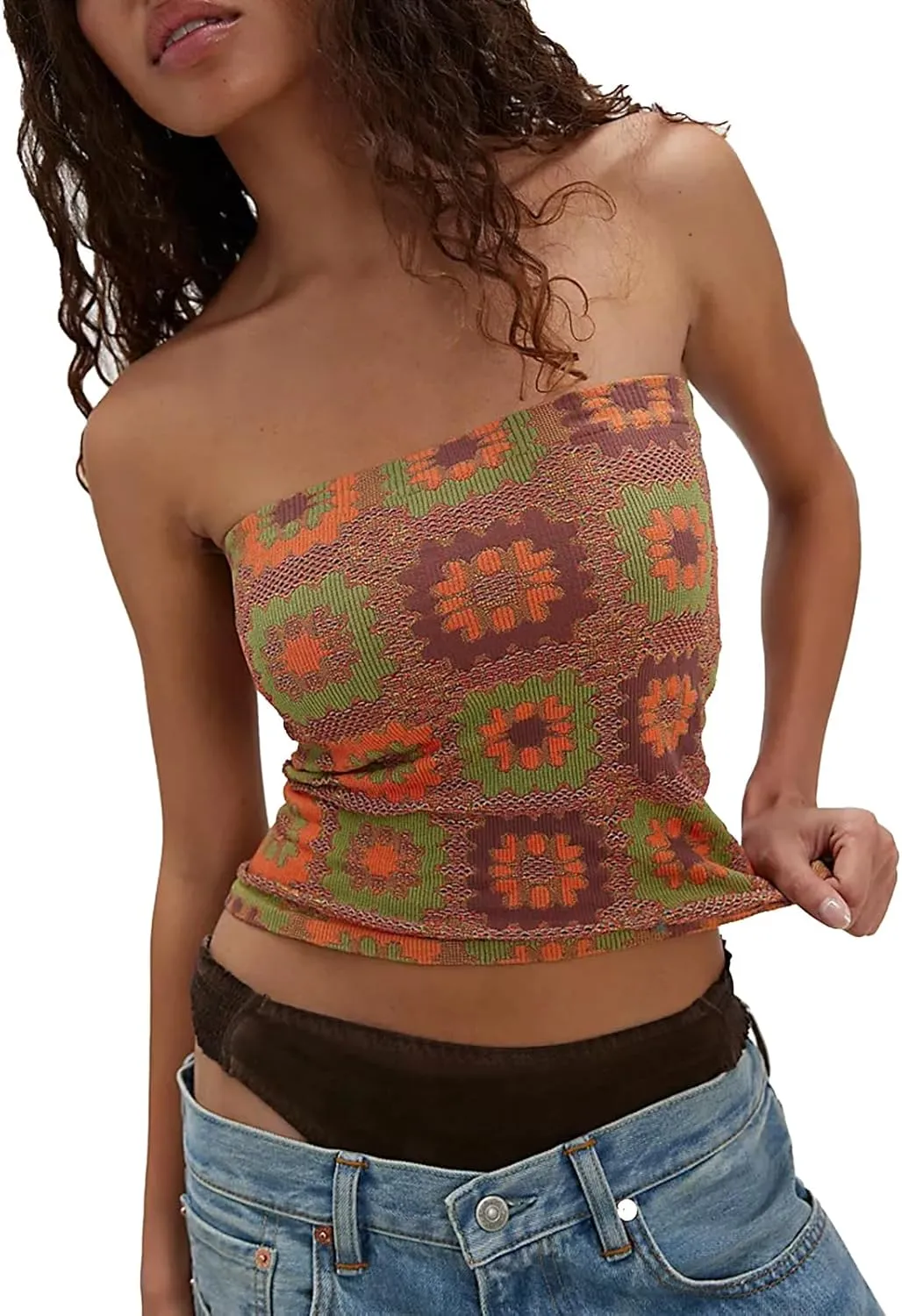 Women Y2K Floral Tube Tops Backless Strapless Bandeau Graphic Print Tank Sexy Aesthetic Teen Girl Going Out Shirt