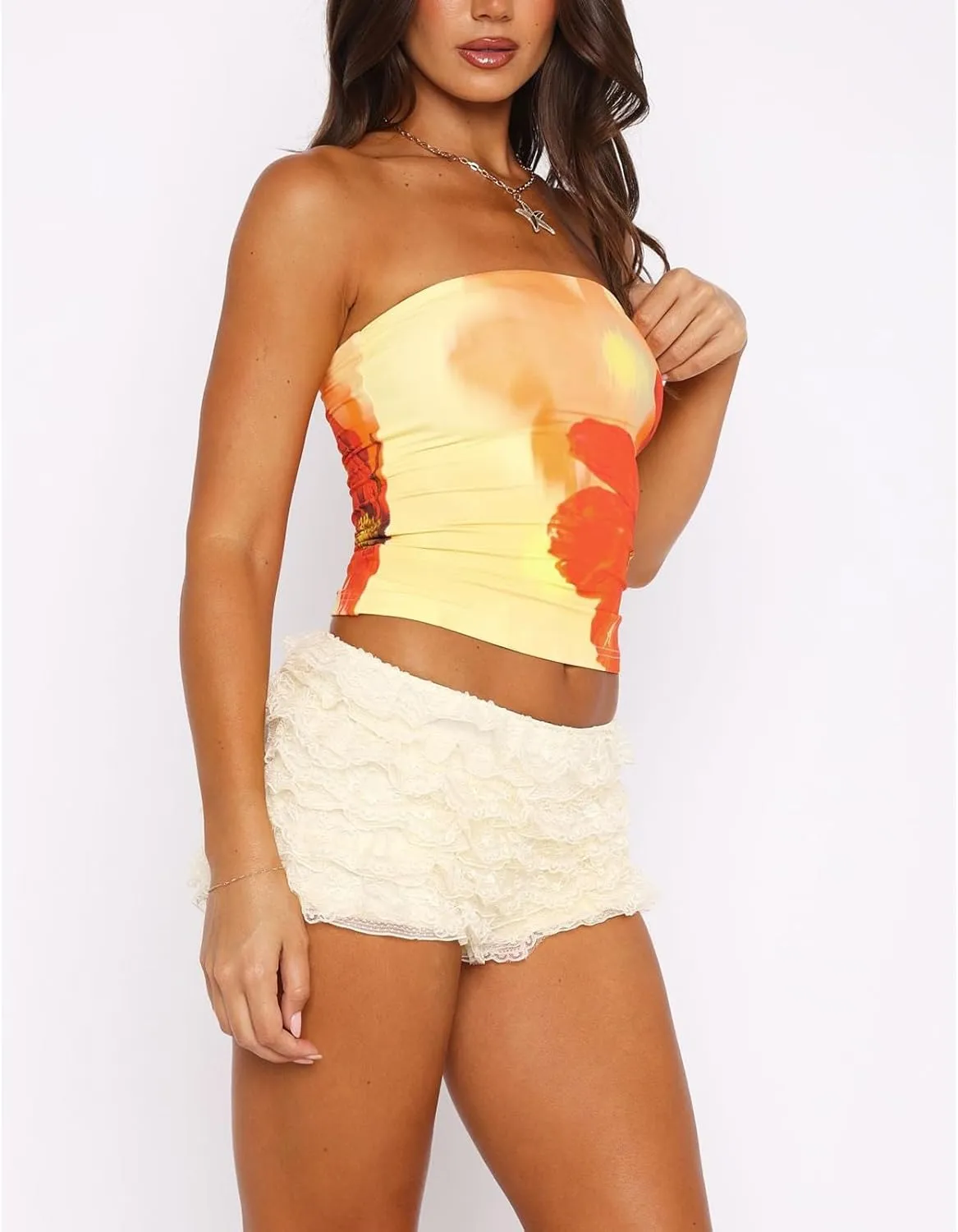 Women Y2K Floral Tube Tops Backless Strapless Bandeau Graphic Print Tank Sexy Aesthetic Teen Girl Going Out Shirt