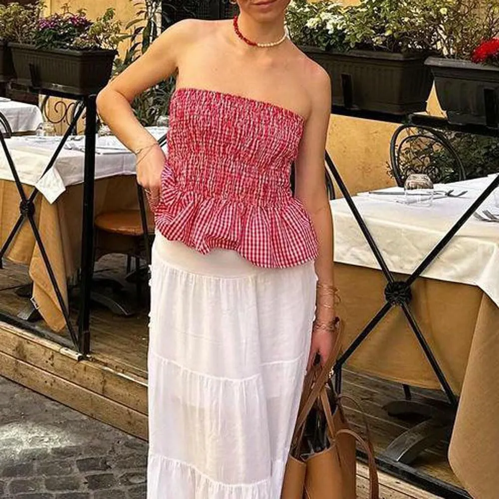 Women Y2k Gingham Tube Top Strapless Backless Plaid Peplum Vest Coquette Bandeau Crop Tank Top Summer Going Out Top