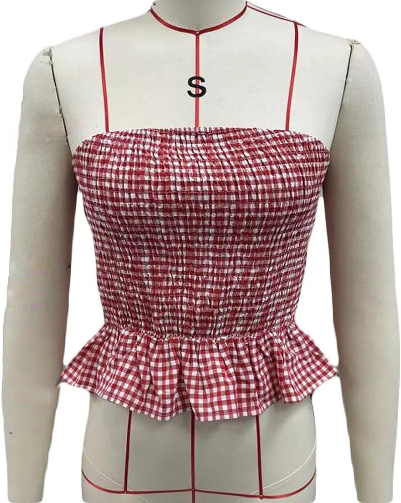 Women Y2k Gingham Tube Top Strapless Backless Plaid Peplum Vest Coquette Bandeau Crop Tank Top Summer Going Out Top
