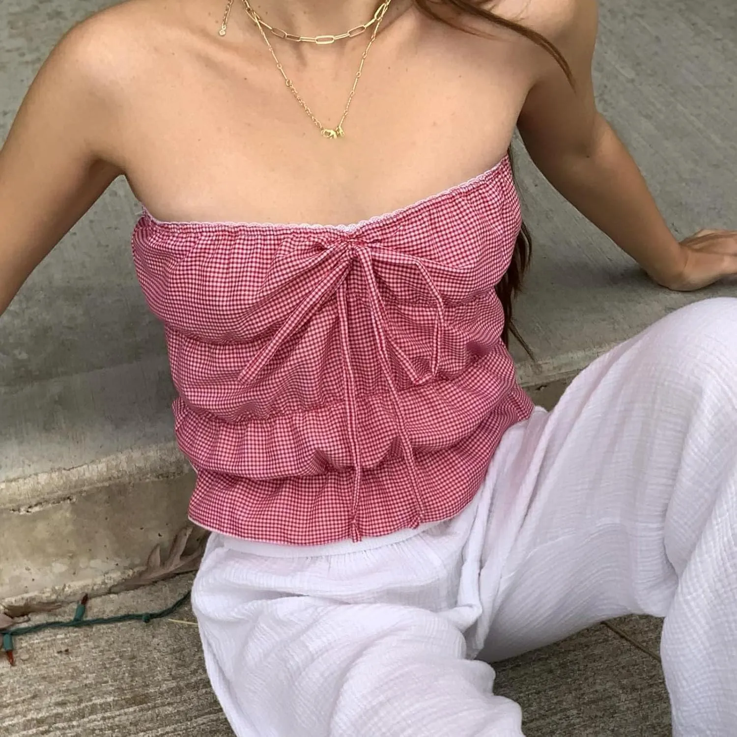Women Y2k Gingham Tube Top Strapless Backless Plaid Peplum Vest Coquette Bandeau Crop Tank Top Summer Going Out Top