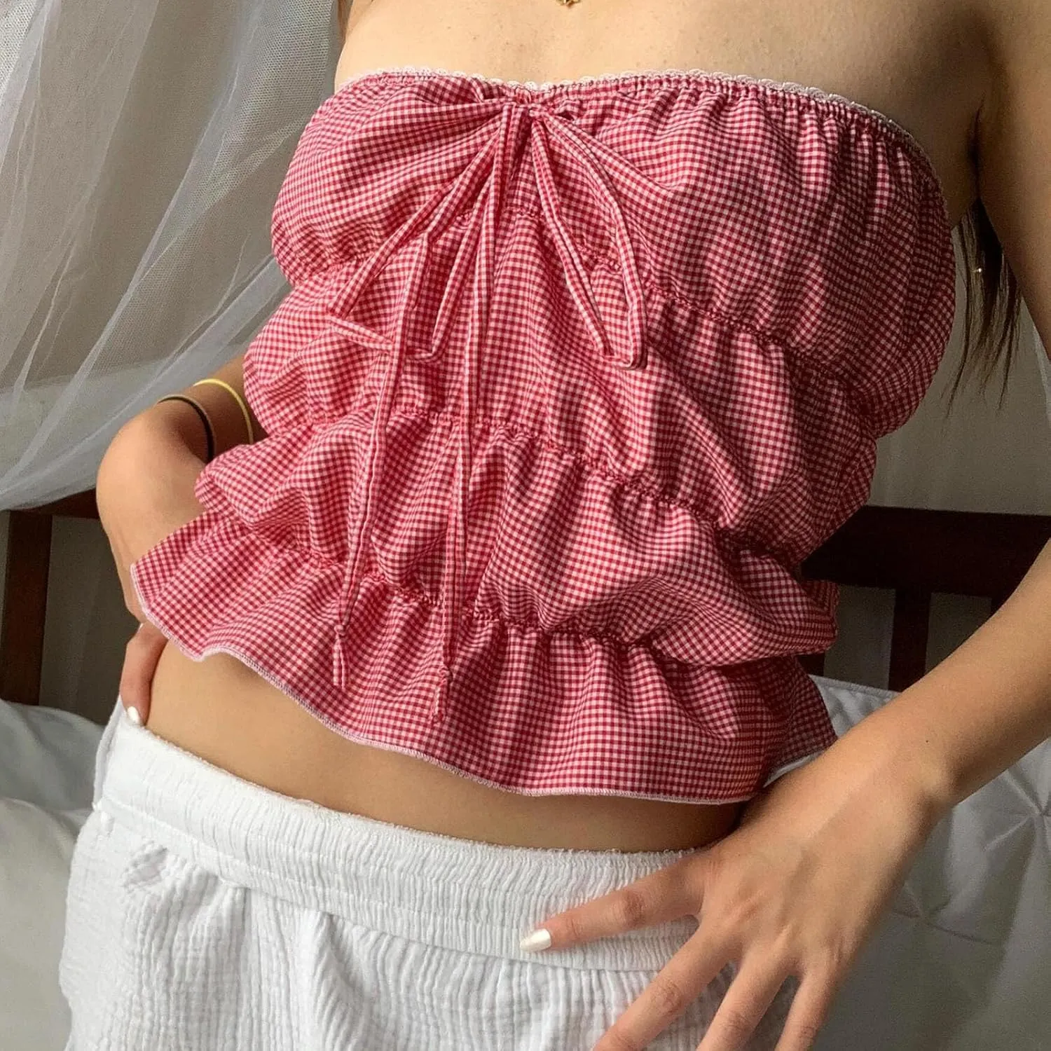 Women Y2k Gingham Tube Top Strapless Backless Plaid Peplum Vest Coquette Bandeau Crop Tank Top Summer Going Out Top