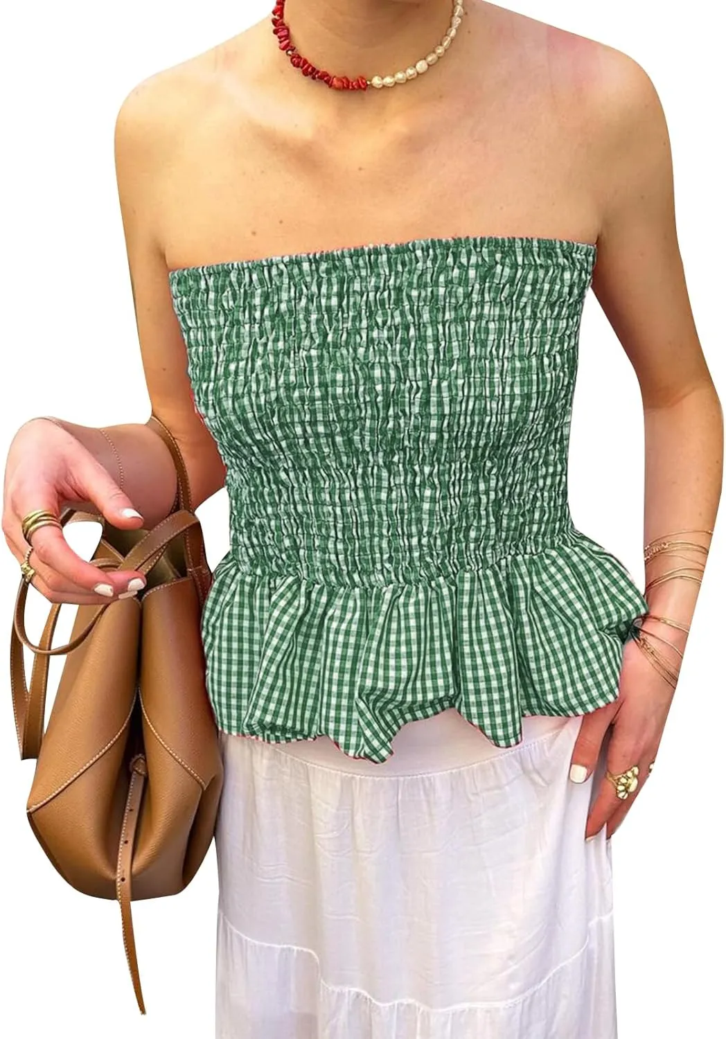 Women Y2k Gingham Tube Top Strapless Backless Plaid Peplum Vest Coquette Bandeau Crop Tank Top Summer Going Out Top