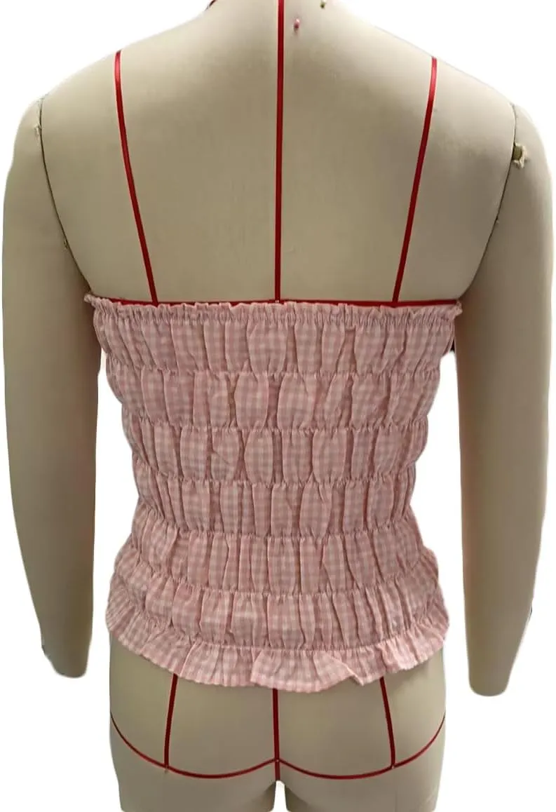 Women Y2k Gingham Tube Top Strapless Backless Plaid Peplum Vest Coquette Bandeau Crop Tank Top Summer Going Out Top