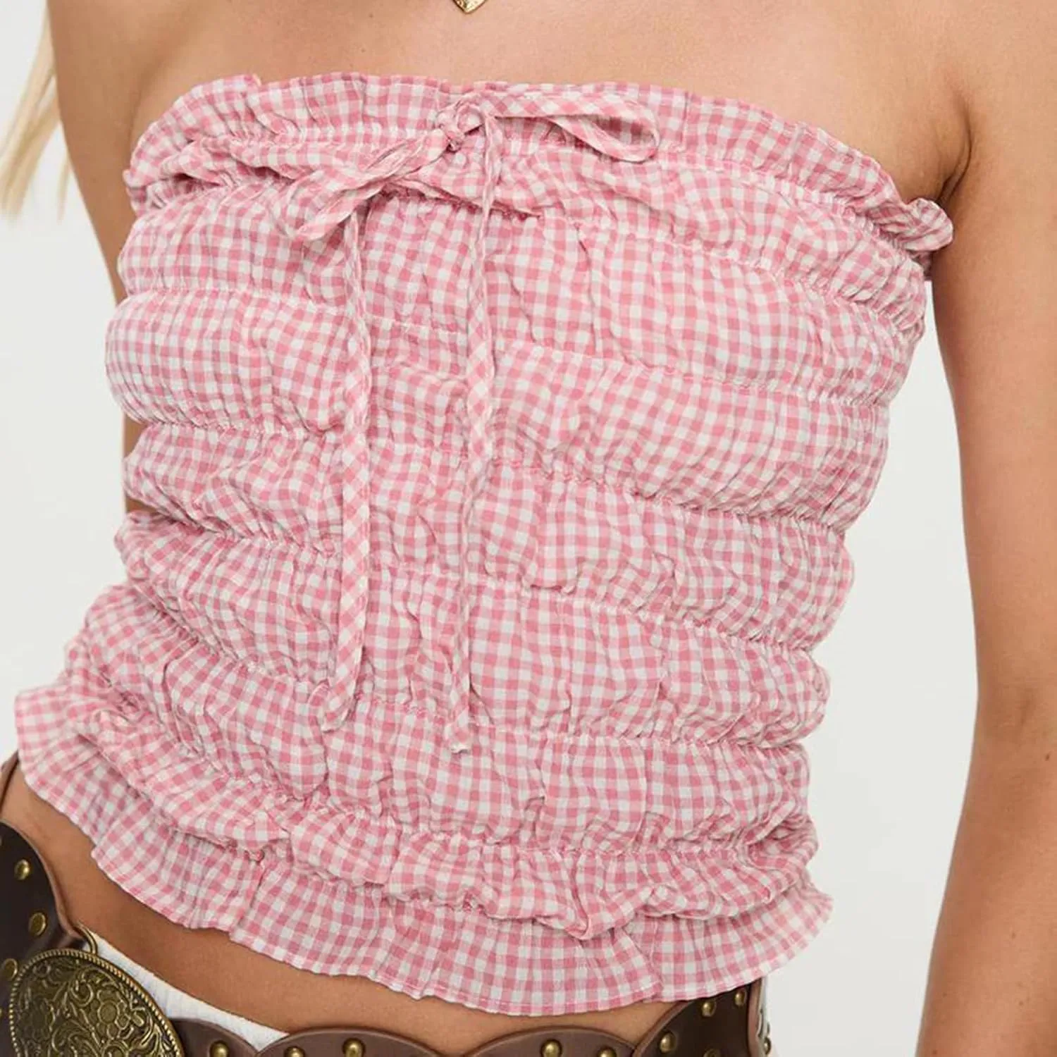 Women Y2k Gingham Tube Top Strapless Backless Plaid Peplum Vest Coquette Bandeau Crop Tank Top Summer Going Out Top