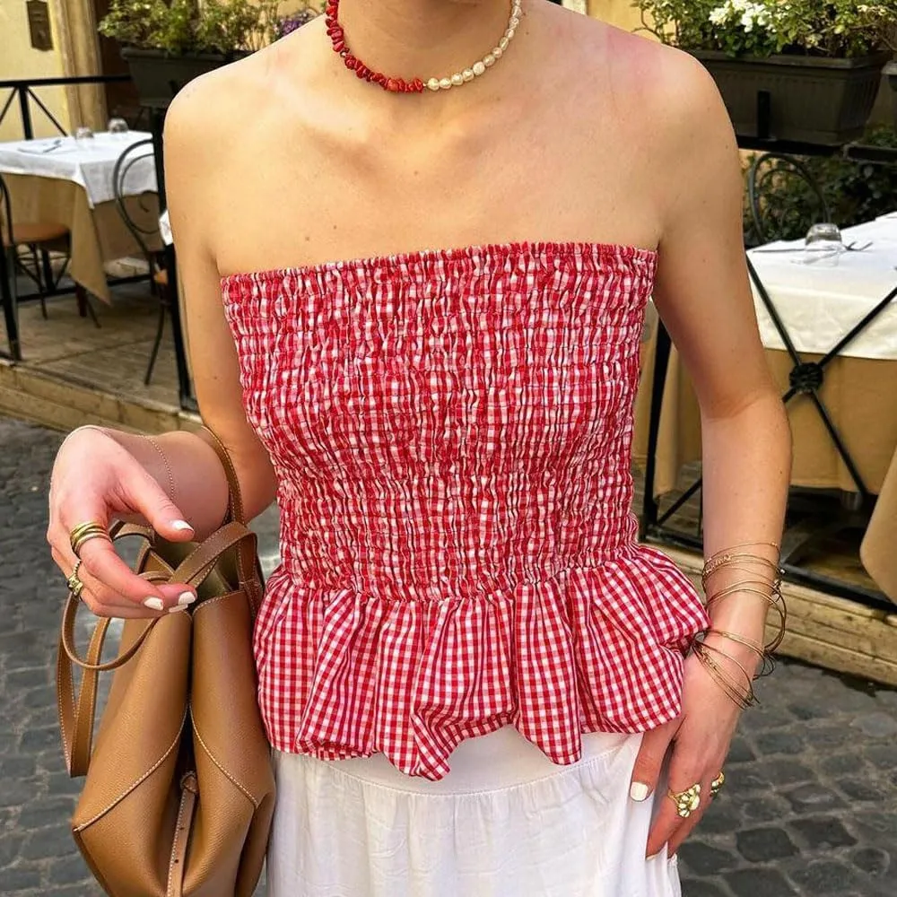 Women Y2k Gingham Tube Top Strapless Backless Plaid Peplum Vest Coquette Bandeau Crop Tank Top Summer Going Out Top