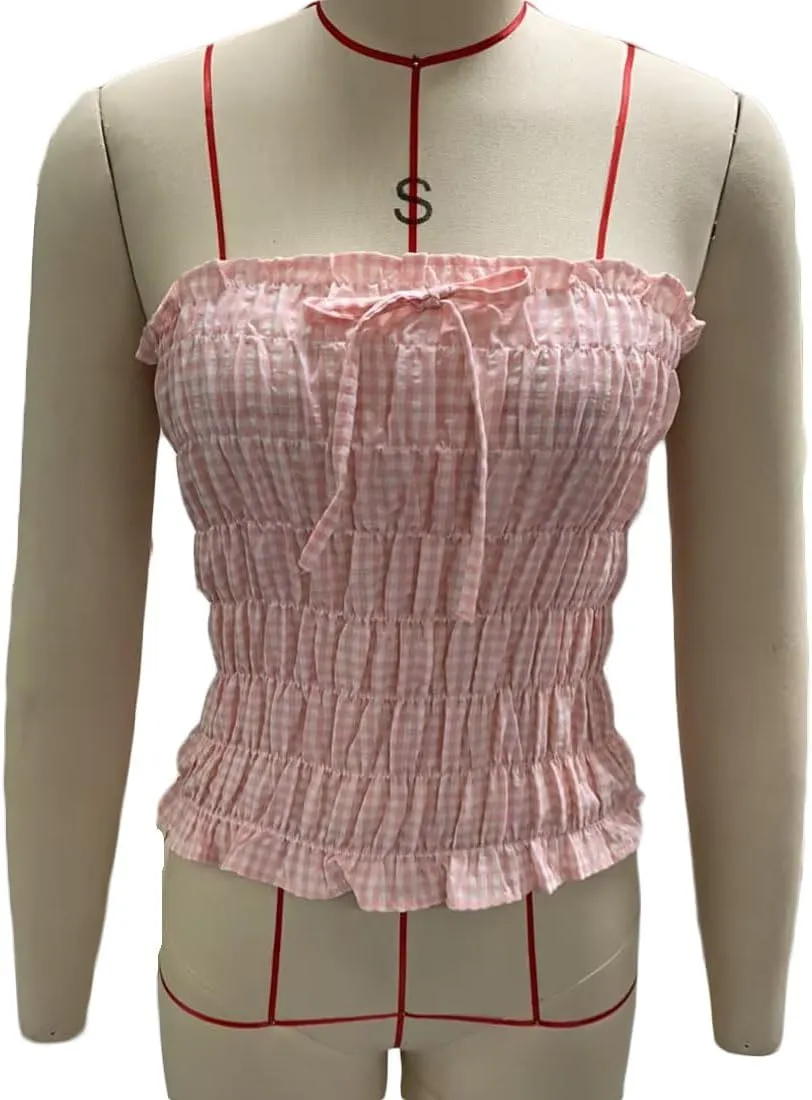 Women Y2k Gingham Tube Top Strapless Backless Plaid Peplum Vest Coquette Bandeau Crop Tank Top Summer Going Out Top