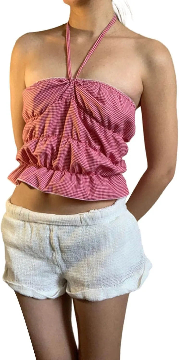 Women Y2k Gingham Tube Top Strapless Backless Plaid Peplum Vest Coquette Bandeau Crop Tank Top Summer Going Out Top