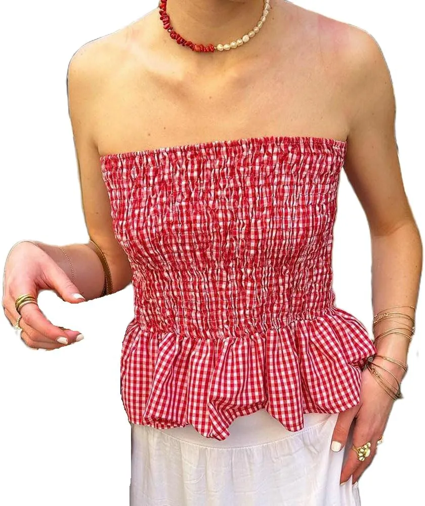 Women Y2k Gingham Tube Top Strapless Backless Plaid Peplum Vest Coquette Bandeau Crop Tank Top Summer Going Out Top