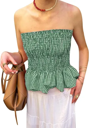 Women Y2k Gingham Tube Top Strapless Backless Plaid Peplum Vest Coquette Bandeau Crop Tank Top Summer Going Out Top