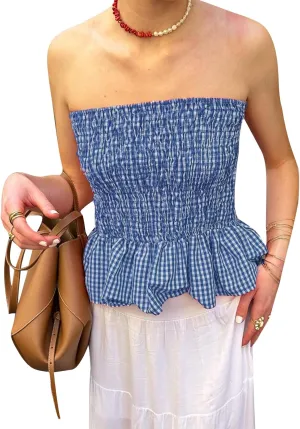 Women Y2k Gingham Tube Top Strapless Backless Plaid Peplum Vest Coquette Bandeau Crop Tank Top Summer Going Out Top