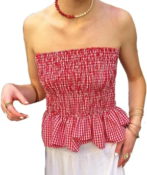 Women Y2k Gingham Tube Top Strapless Backless Plaid Peplum Vest Coquette Bandeau Crop Tank Top Summer Going Out Top