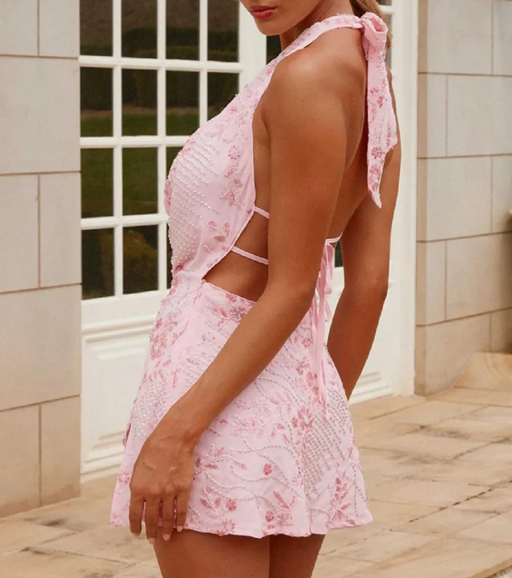 Women Y2K Halter Mini Dress Ruffle Mesh V Neck Going Out Dress Open Back Bodycon Party Dresses Beachwear