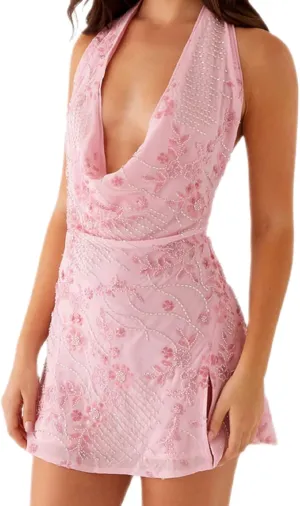 Women Y2K Halter Mini Dress Ruffle Mesh V Neck Going Out Dress Open Back Bodycon Party Dresses Beachwear