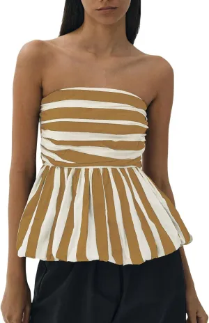 Women Y2k Peplum Tube Top Smocked Back Ruffle Hem Bandeau Top Bubble Hem Strapless Flowy Tank Tops