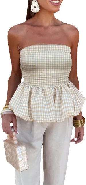 Women Y2k Peplum Tube Top Smocked Back Ruffle Hem Bandeau Top Bubble Hem Strapless Flowy Tank Tops