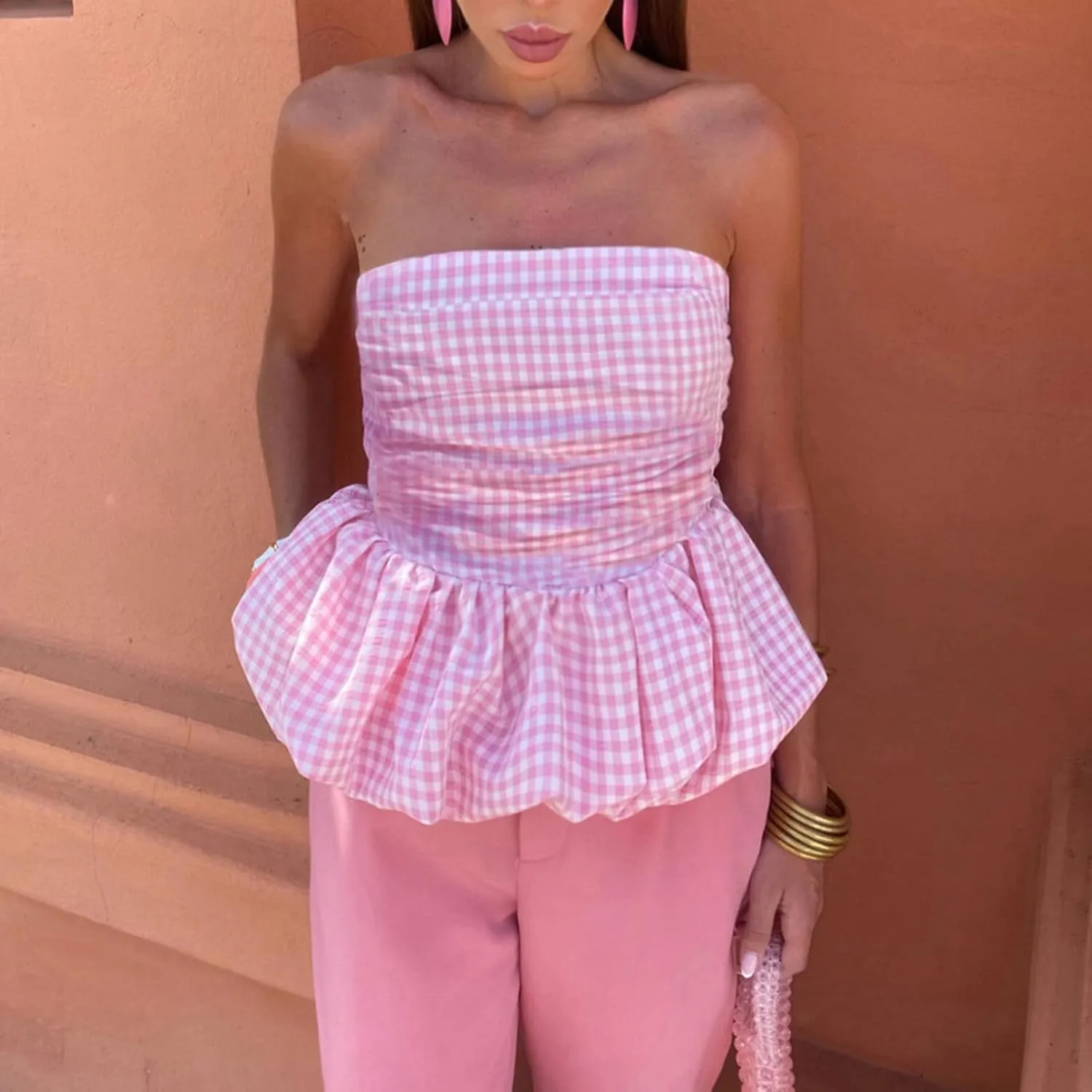 Women Y2k Peplum Tube Top Smocked Back Ruffle Hem Bandeau Top Bubble Hem Strapless Flowy Tank Tops