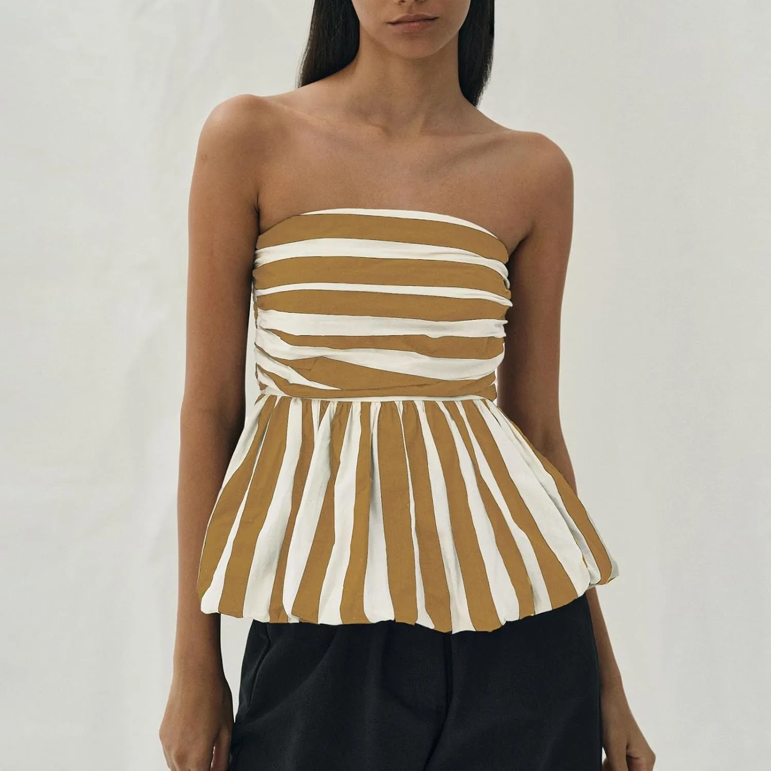 Women Y2k Peplum Tube Top Smocked Back Ruffle Hem Bandeau Top Bubble Hem Strapless Flowy Tank Tops