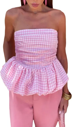 Women Y2k Peplum Tube Top Smocked Back Ruffle Hem Bandeau Top Bubble Hem Strapless Flowy Tank Tops