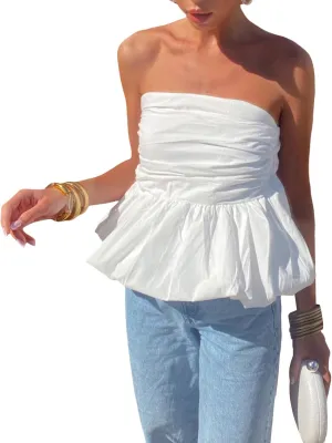 Women Y2k Peplum Tube Top Smocked Back Ruffle Hem Bandeau Top Bubble Hem Strapless Flowy Tank Tops
