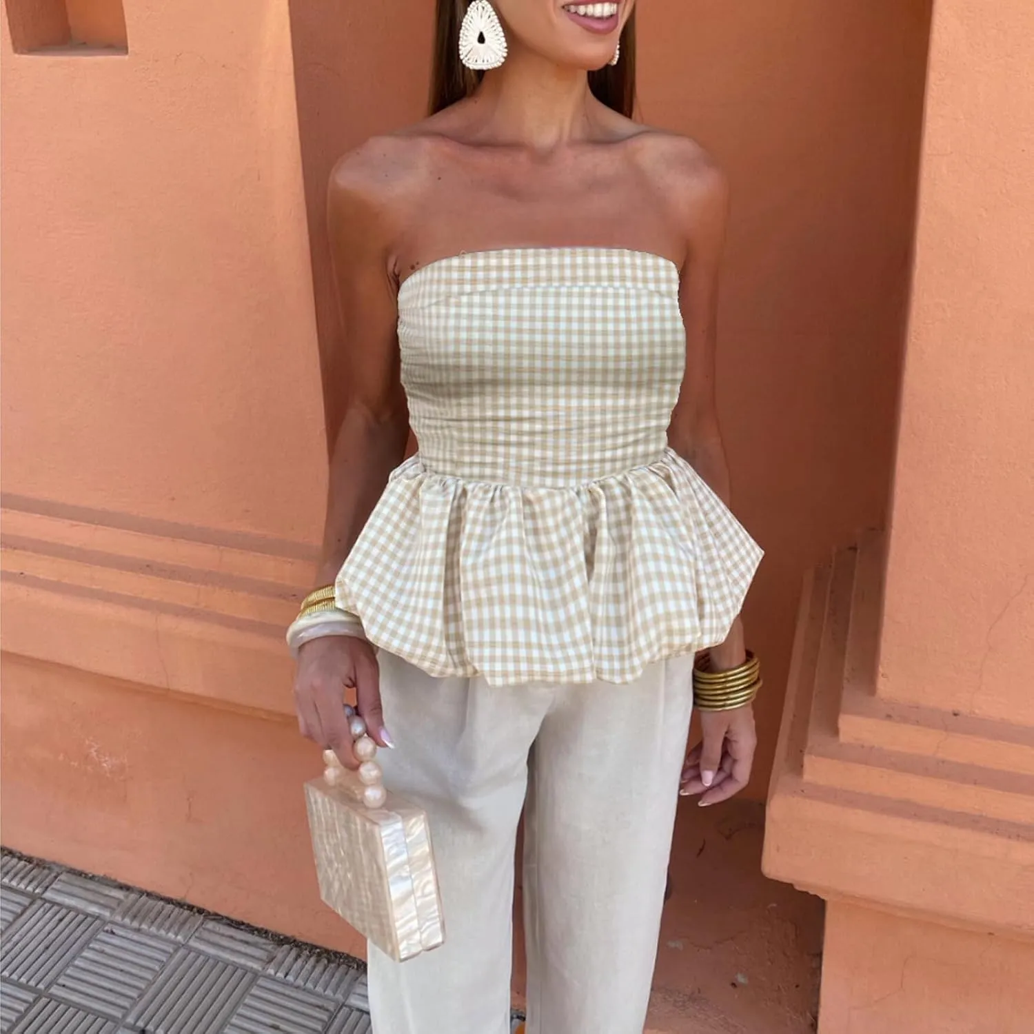 Women Y2k Peplum Tube Top Smocked Back Ruffle Hem Bandeau Top Bubble Hem Strapless Flowy Tank Tops