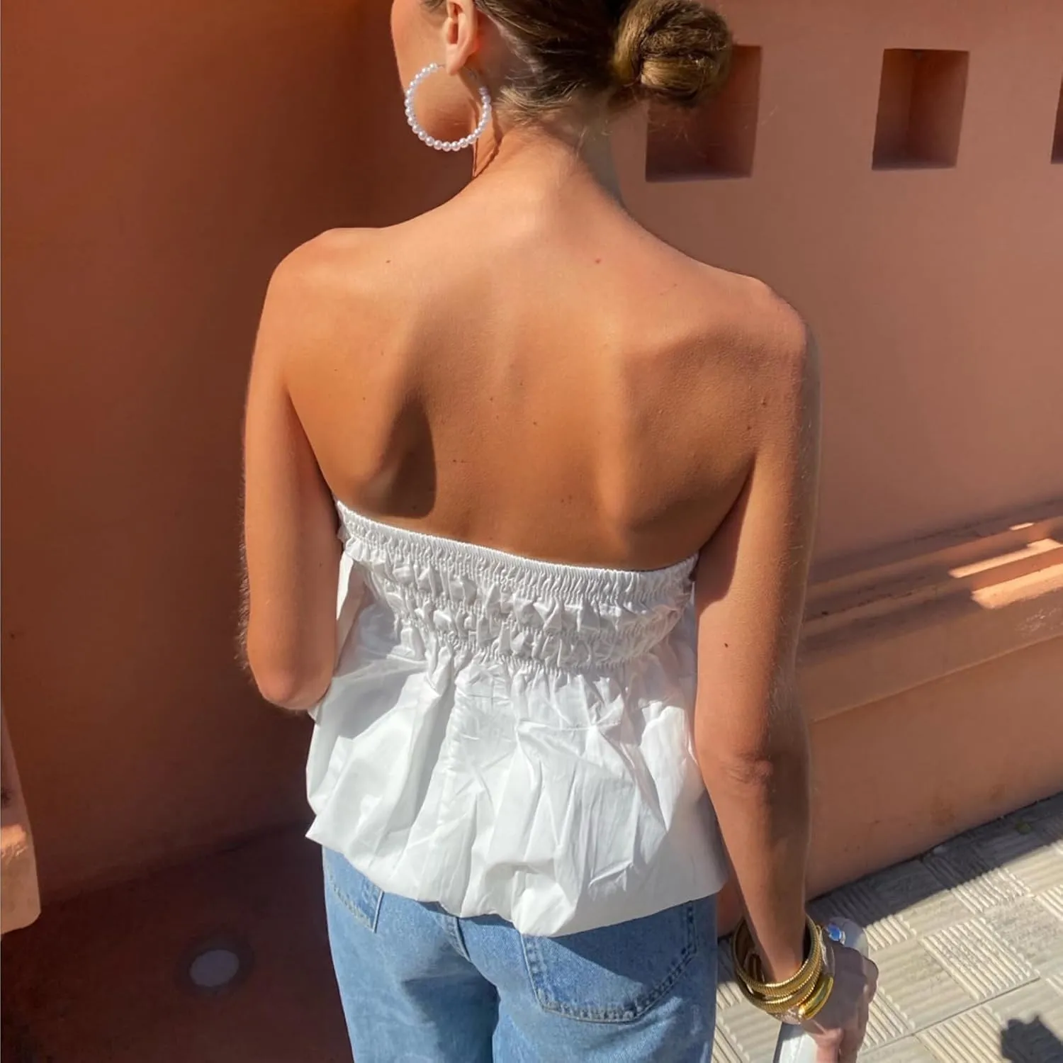 Women Y2k Peplum Tube Top Smocked Back Ruffle Hem Bandeau Top Bubble Hem Strapless Flowy Tank Tops