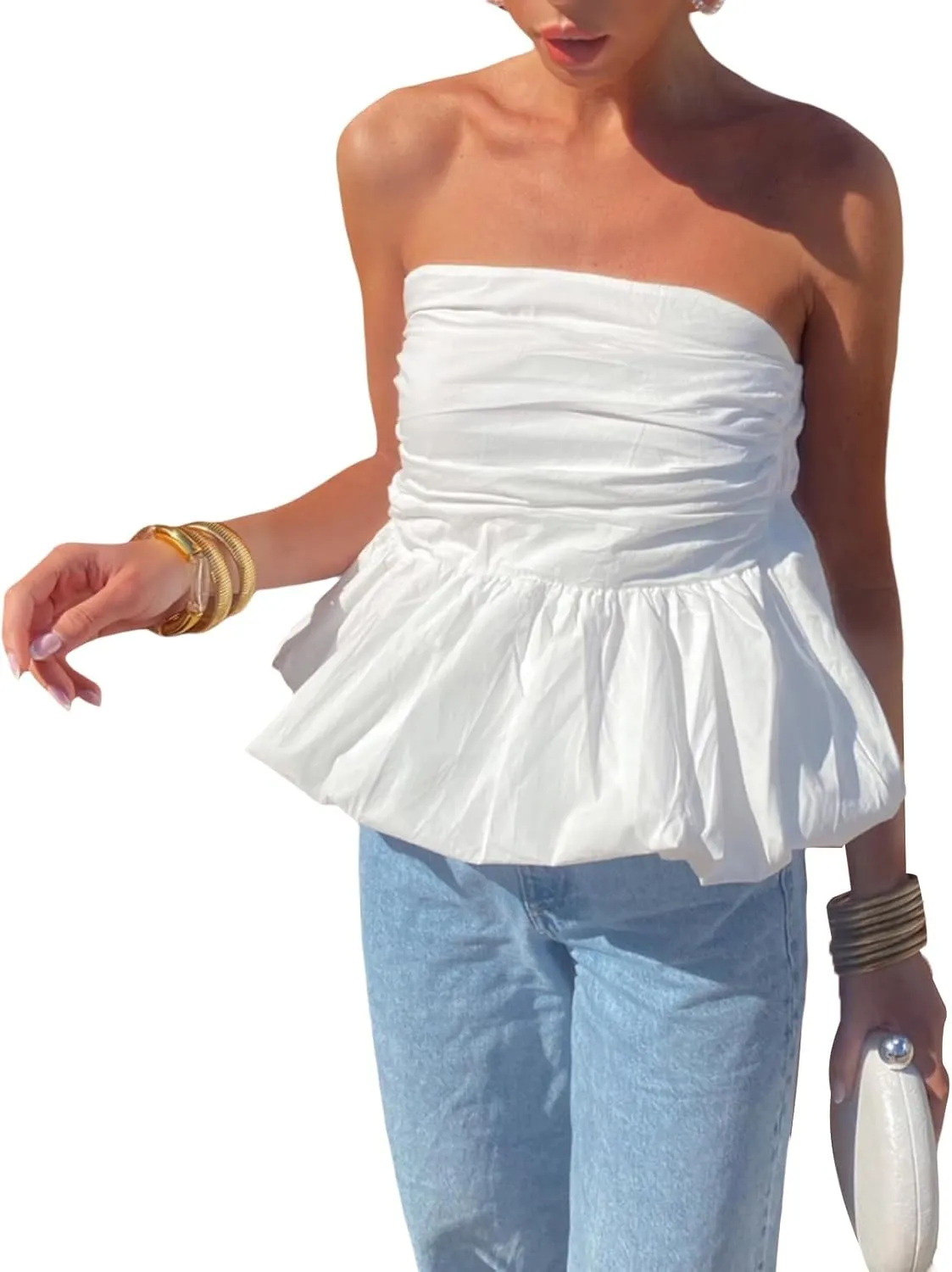 Women Y2k Peplum Tube Top Smocked Back Ruffle Hem Bandeau Top Bubble Hem Strapless Flowy Tank Tops