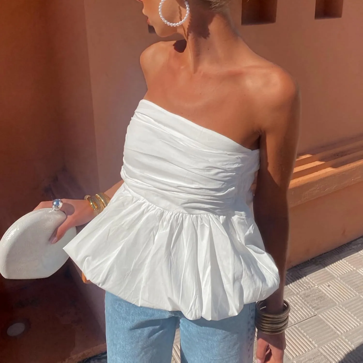 Women Y2k Peplum Tube Top Smocked Back Ruffle Hem Bandeau Top Bubble Hem Strapless Flowy Tank Tops