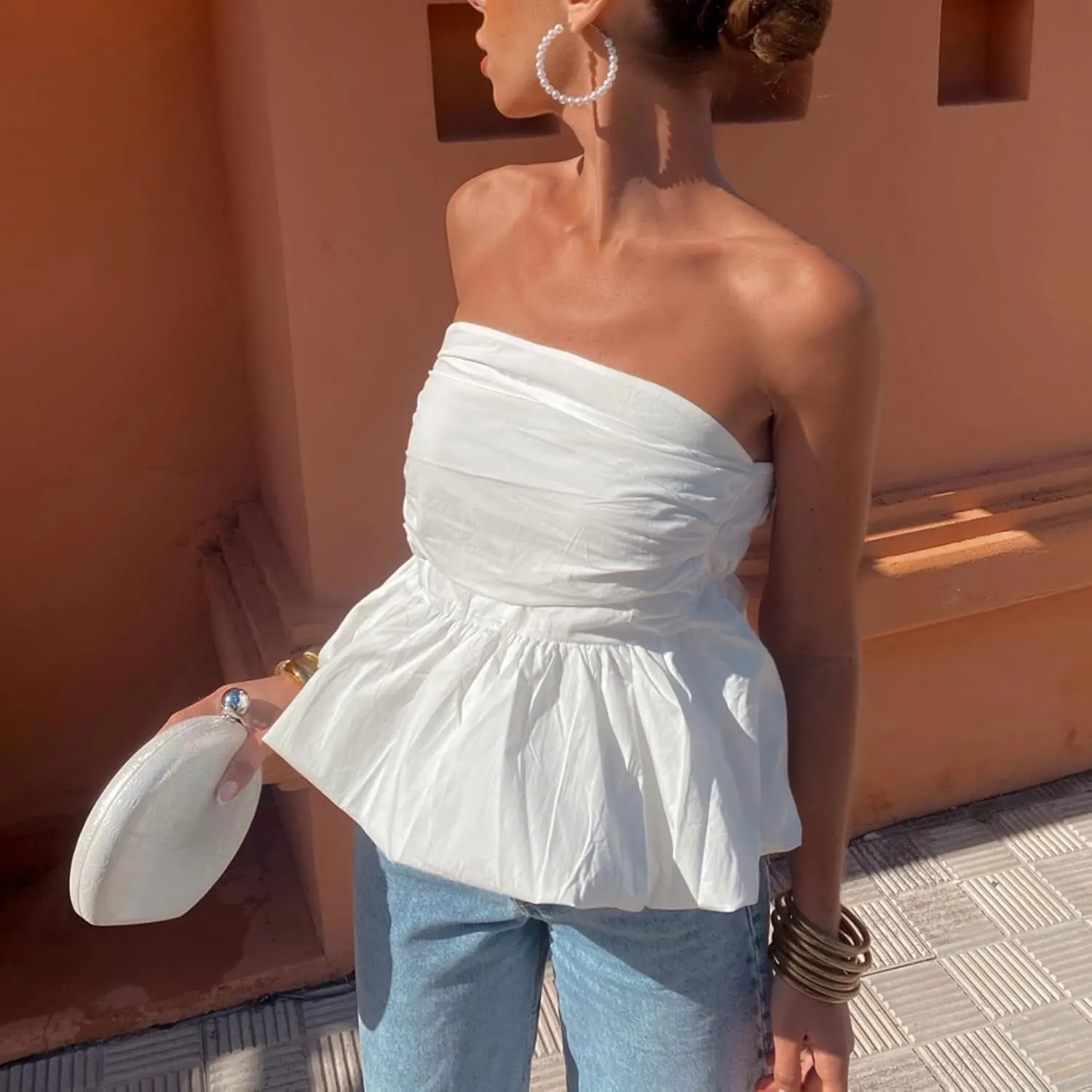 Women Y2k Peplum Tube Top Smocked Back Ruffle Hem Bandeau Top Bubble Hem Strapless Flowy Tank Tops