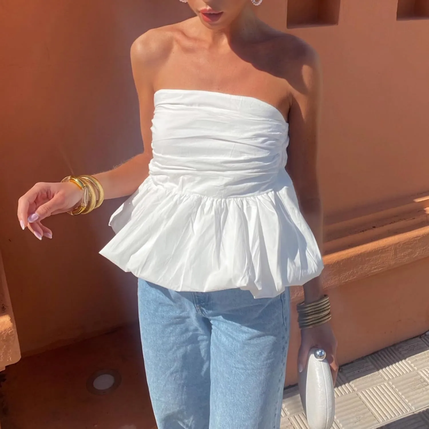 Women Y2k Peplum Tube Top Smocked Back Ruffle Hem Bandeau Top Bubble Hem Strapless Flowy Tank Tops