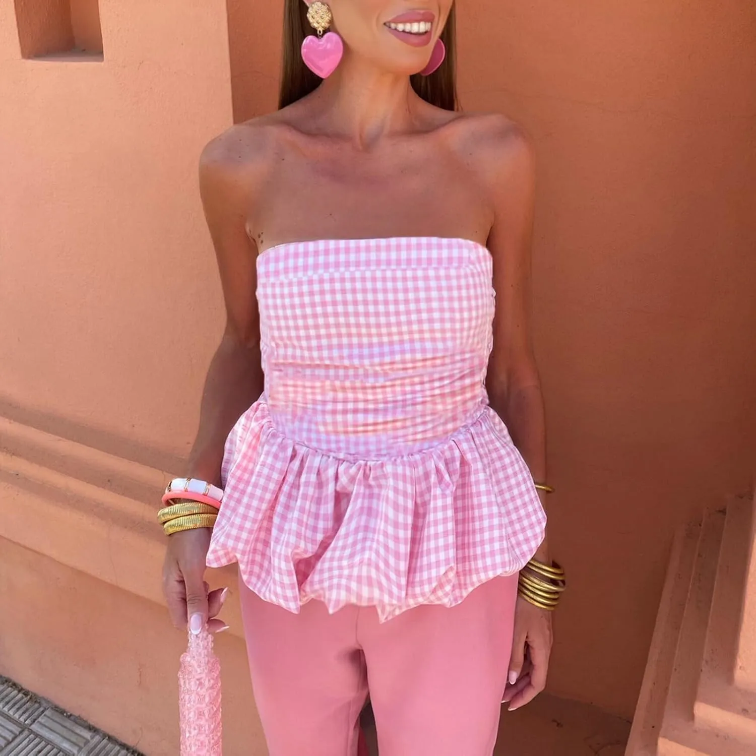 Women Y2k Peplum Tube Top Smocked Back Ruffle Hem Bandeau Top Bubble Hem Strapless Flowy Tank Tops