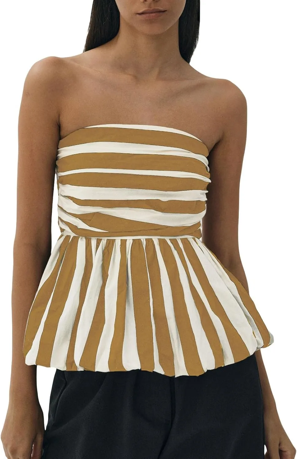 Women Y2k Peplum Tube Top Smocked Back Ruffle Hem Bandeau Top Bubble Hem Strapless Flowy Tank Tops