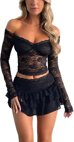 Women Y2k Ruffle 2 Piece Skirt Sets 3D Floral Sheer Mesh Crop Top Bodycon Mini Skirt Fringed Tassels Summer Set