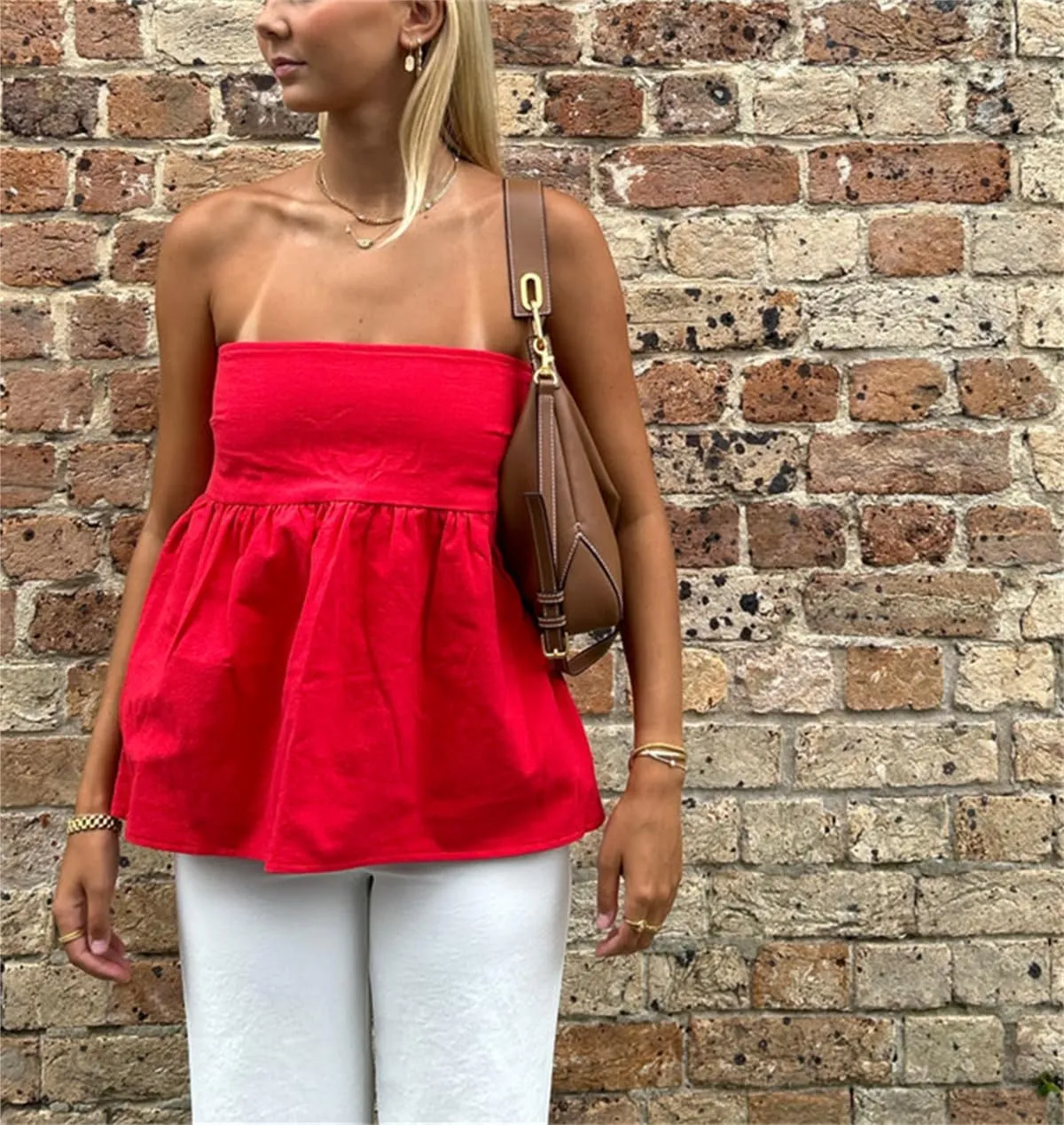 Women Y2K Strapless Backless Ruffle Flowy Tube Top Summer Sexy Off Shoulder Pleated Bandeau Going Out Peplum Top