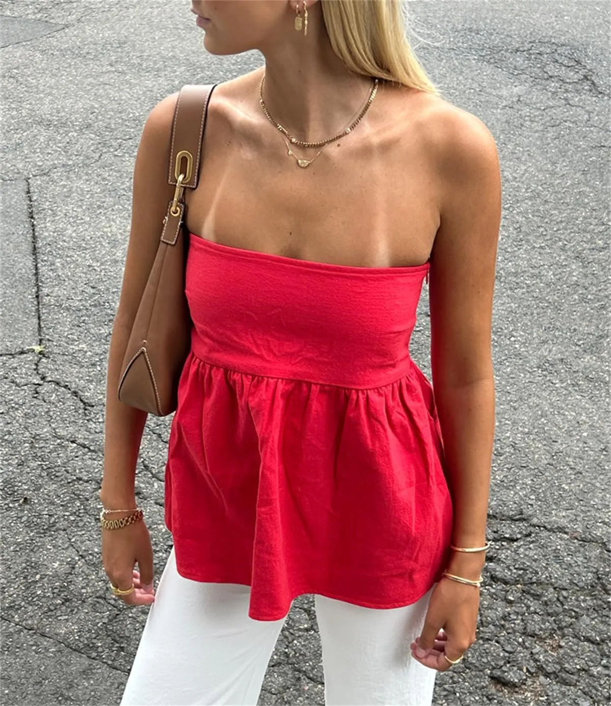 Women Y2K Strapless Backless Ruffle Flowy Tube Top Summer Sexy Off Shoulder Pleated Bandeau Going Out Peplum Top